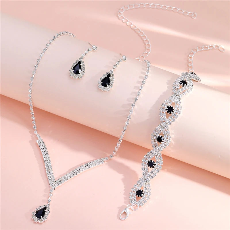 3 Pc- Rhinestone Bride Jewelry Set- Black Water Drop Crystal Earrings + V Necklace + Bracelet