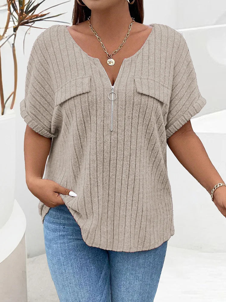 Plus Size Solid O-Ring Zip Front T Shirt