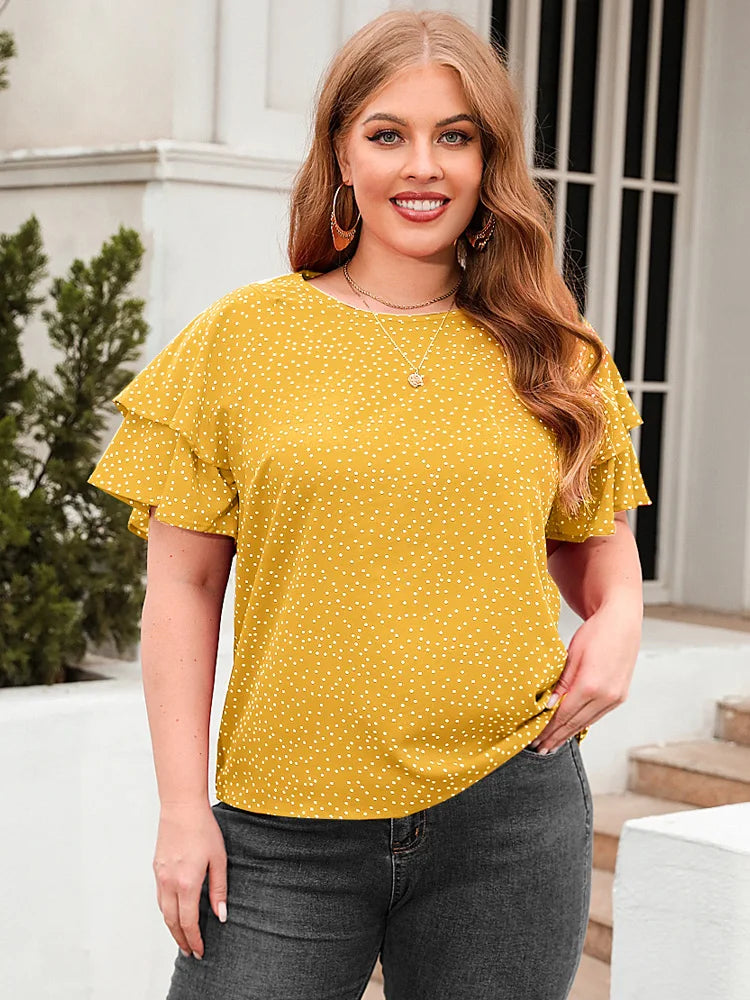 Plus Size Polka Dot O-Neck Layered Butterfly Sleeve Blouse