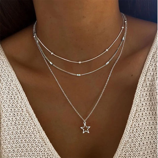 Multilayered Star Bohemian Chain  Necklace w/ star Pendant