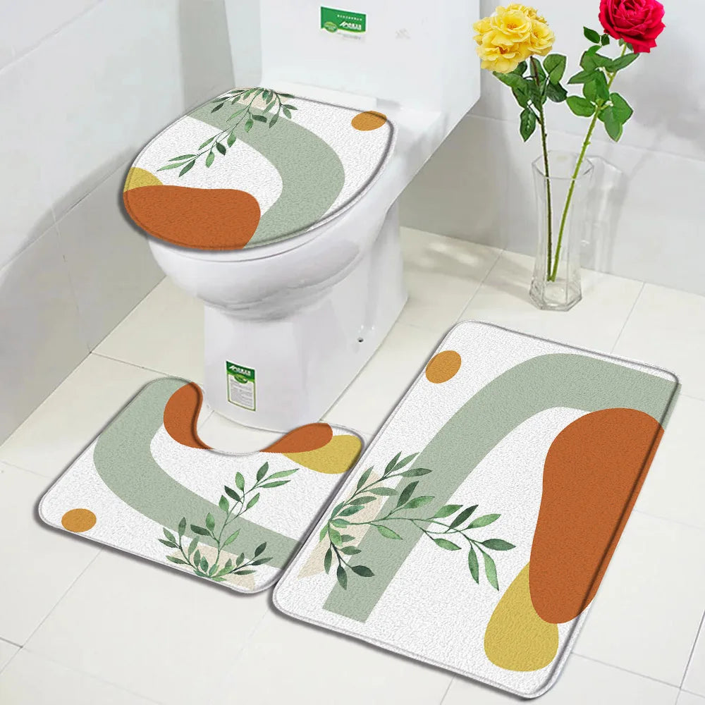 1-3pc sets-Non slip Bath Mat Set -Abstract Mid Century Boho Aesthetic Art Pattern-Floor Rugs + Toilet Lid Cover