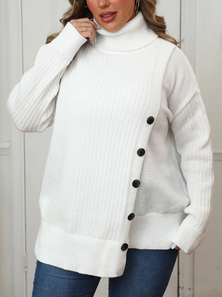 Plus Size Women's Knitted Turtleneck Sweater with Drop Shoulder Button - Casual Pullover