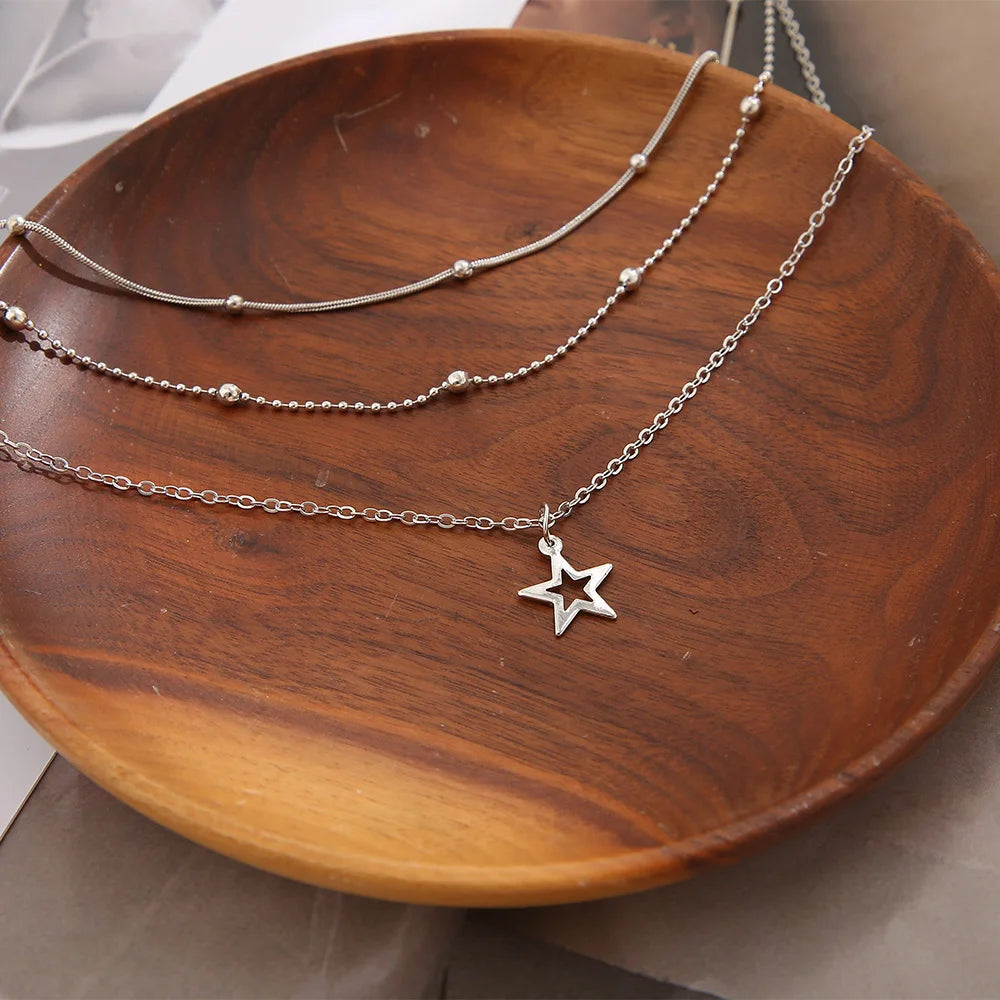 Multilayered Star Bohemian Chain  Necklace w/ star Pendant