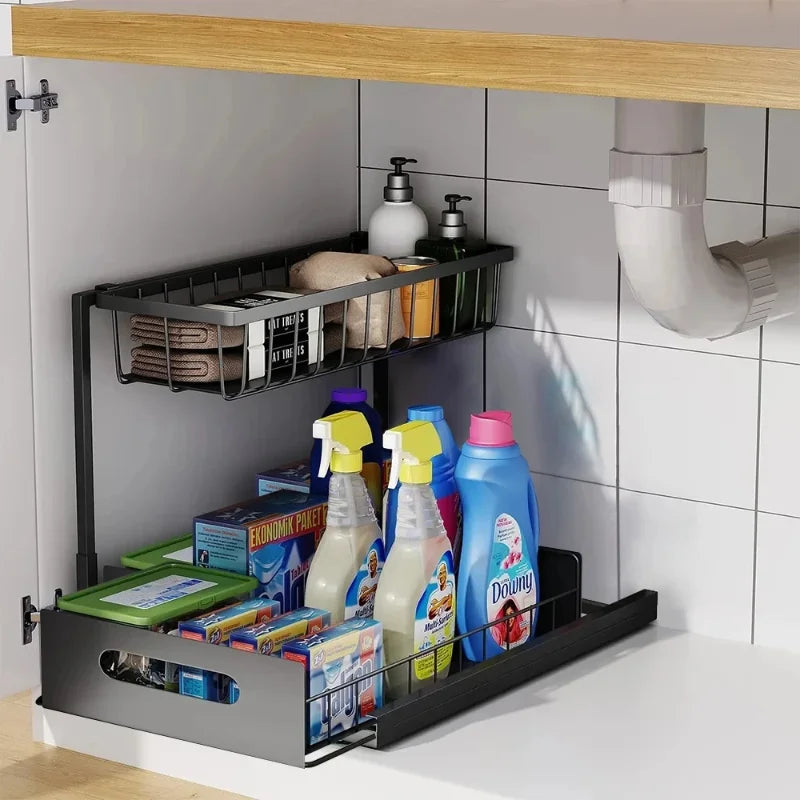 Under Sink 2 Tier Sliding Cabinet Basket with Pull Out Cabinet Multi-Purpose