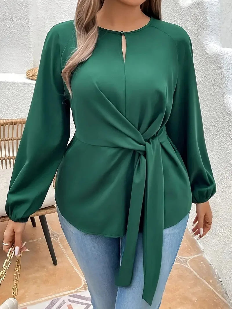 Plus Size long sleeve O-Neck Keyhole Blouse with Tie Front