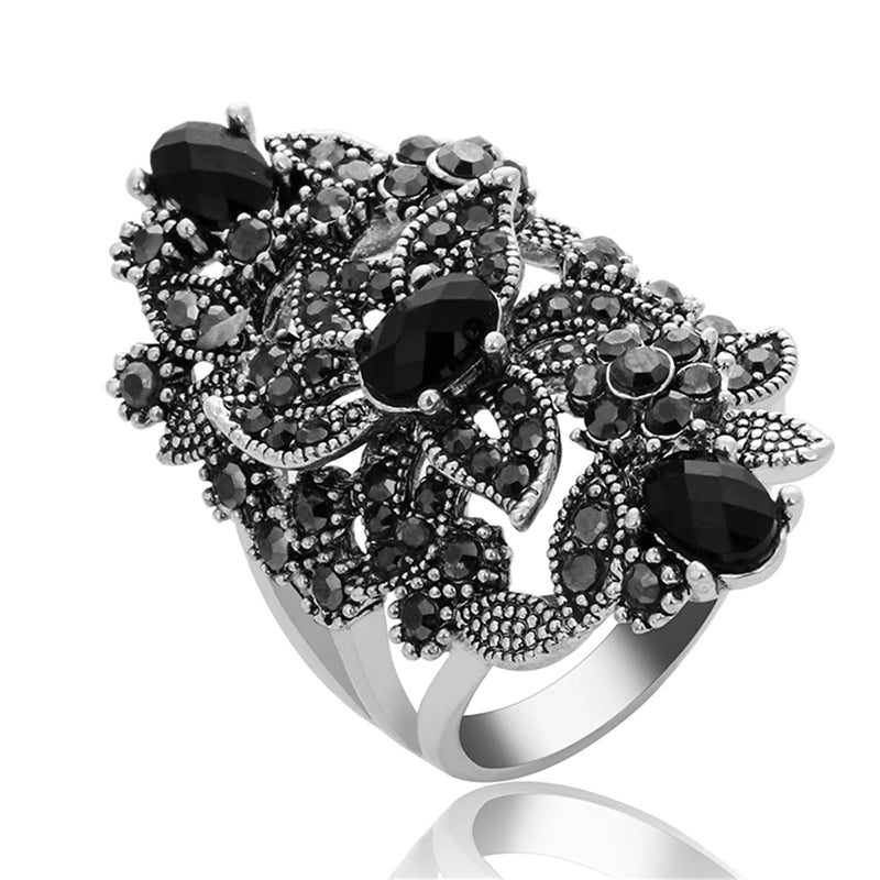 Vintage Black Crystal Rhinestone Flower Ring