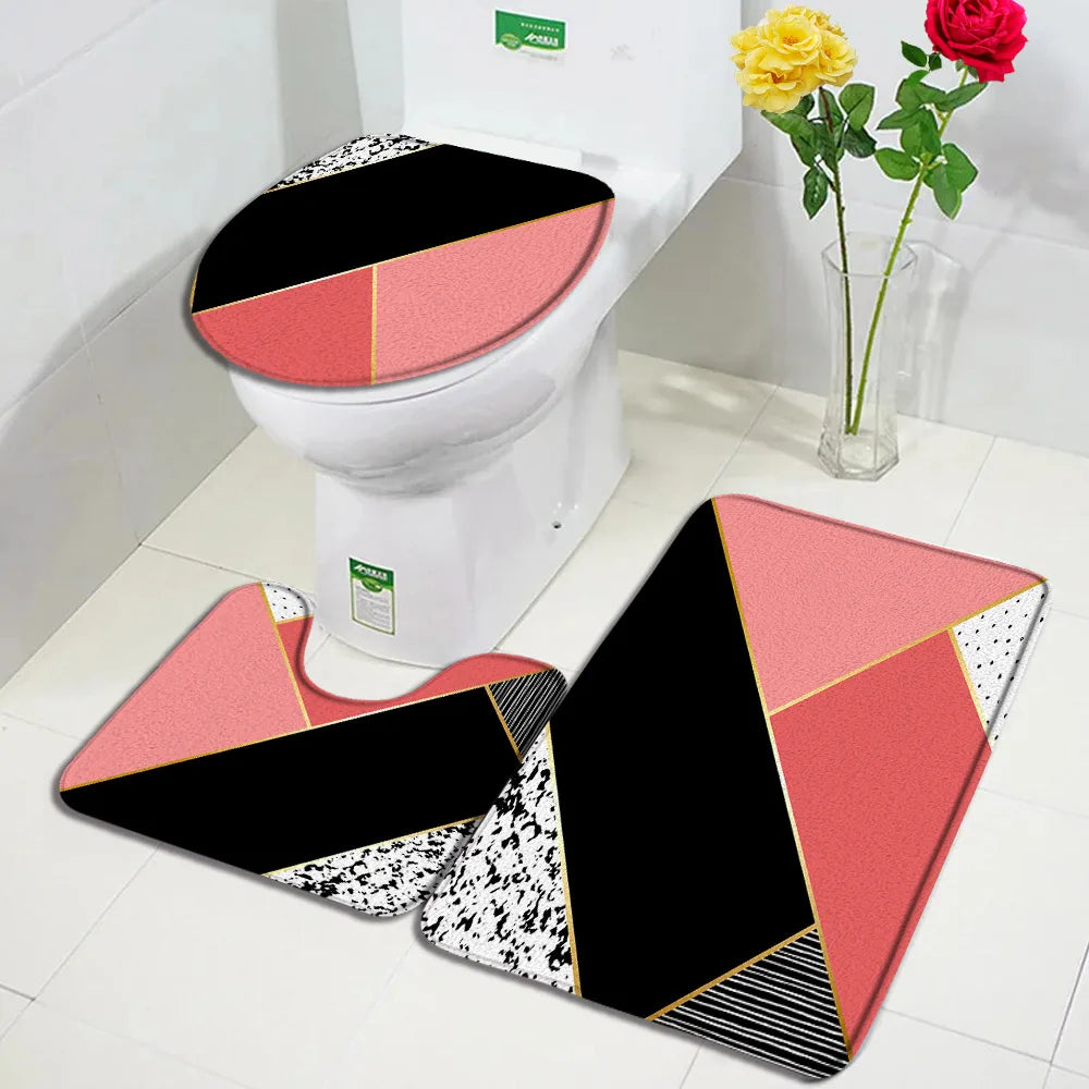 3Pcs non slip Bath Mats Set -Geometric Black Pink Marble Design Floor mats + Toilet Cover Mat