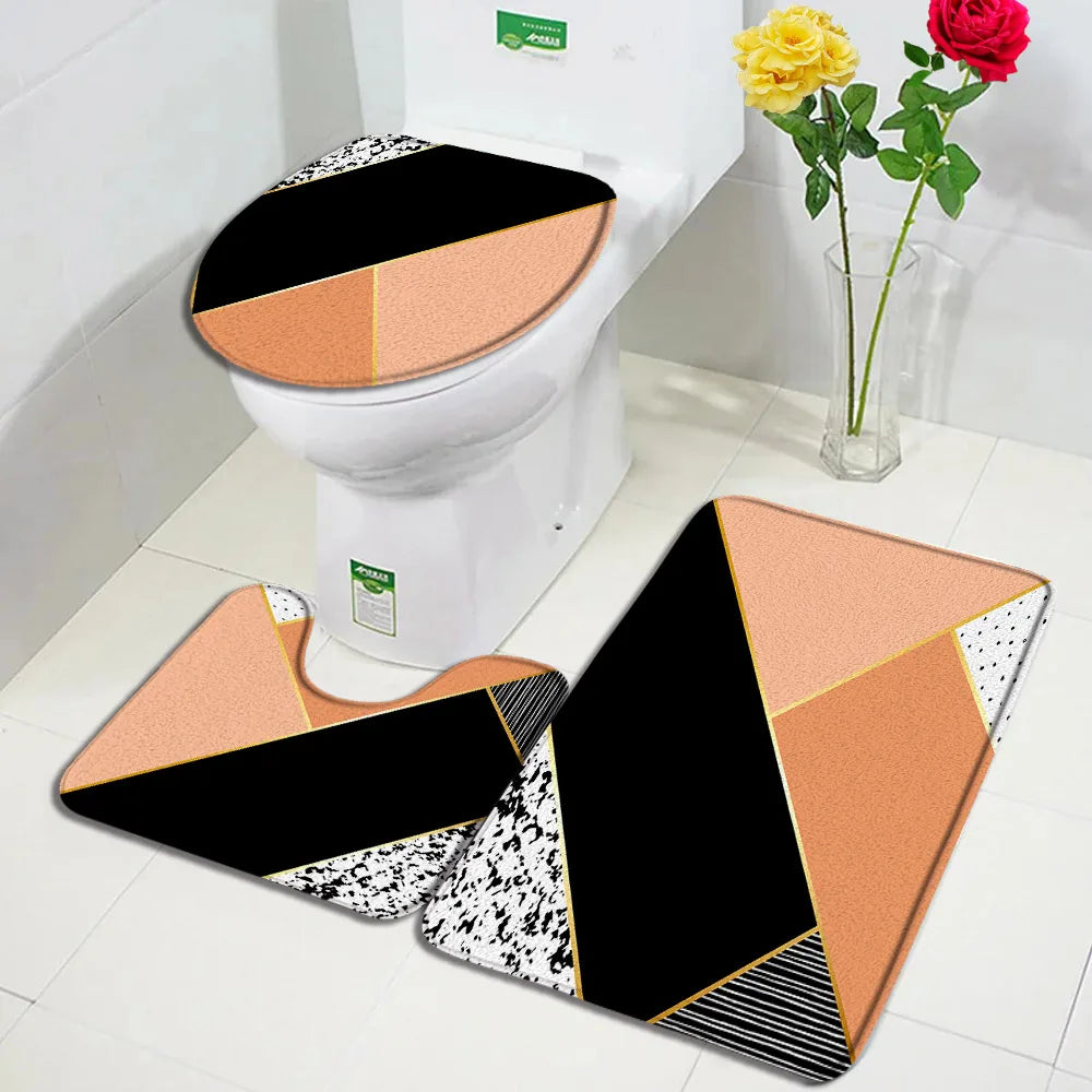 3Pcs non slip Bath Mats Set -Geometric Black Pink Marble Design Floor mats + Toilet Cover Mat