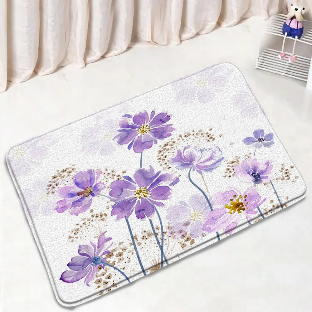 1-3pc set- Blue Floral Dandelion Flowers -Floor Rugs + Toilet Lid Cover