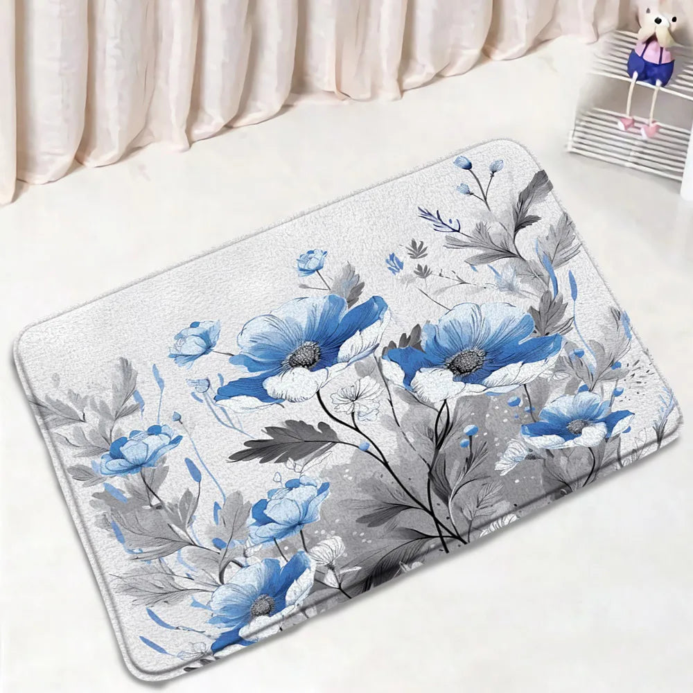 1-3pc set- Blue Floral Dandelion Flowers -Floor Rugs + Toilet Lid Cover