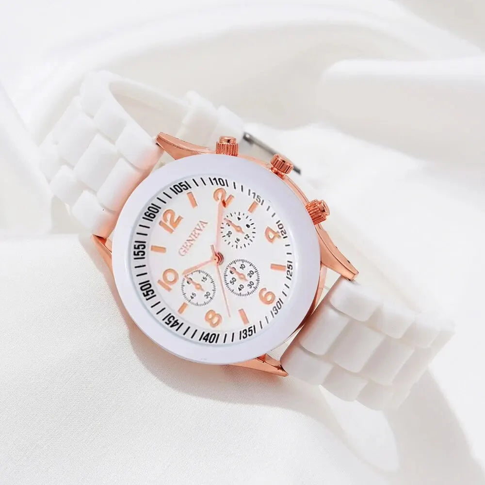 2PC Set  - Women's White Silicone Jelly Quartz Watch & Bracelet Set