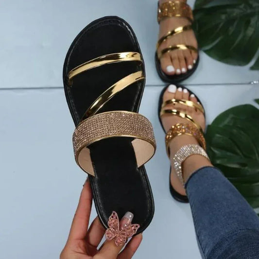 Women's  Flat Heel Sandals WITH Gold/Silver Rhinestone Strap