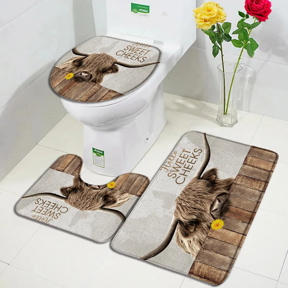 Juego de baño de 1 a 4 piezas: cortina de ducha con diseño de vacas de las Tierras Altas, cortina, alfombra antideslizante, alfombrilla de baño y tapa de inodoro