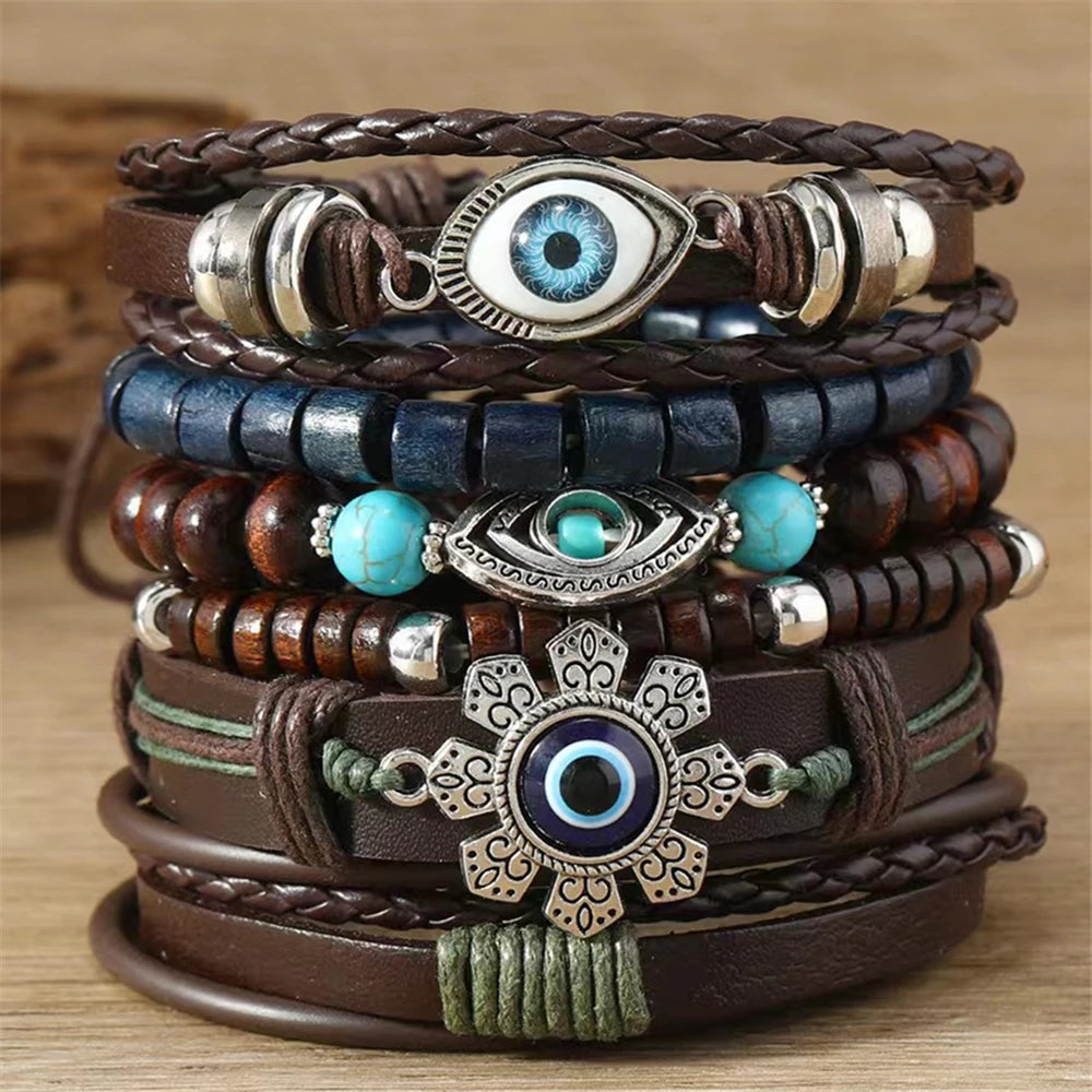 Men's 5-6pc/set Feather Evil Eye Ethnic wood bead tree Charms bracelets