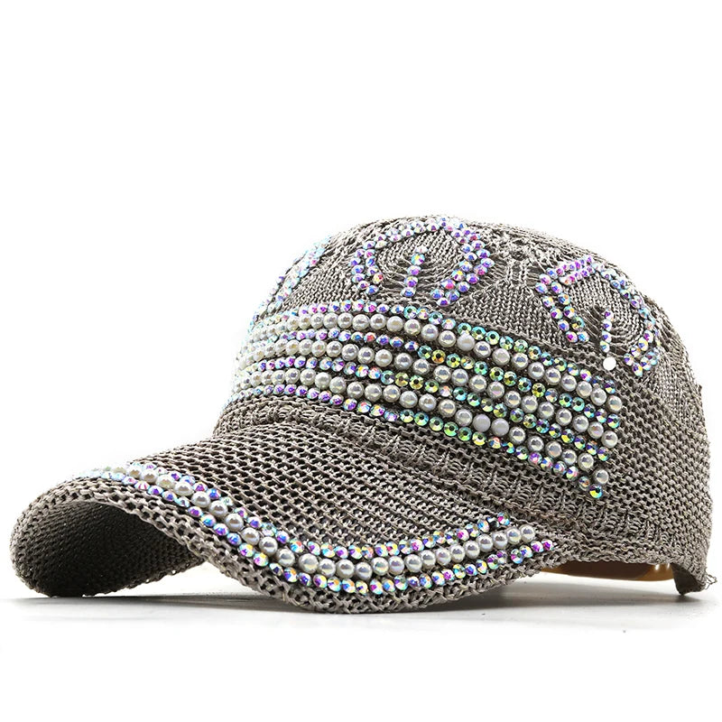 Women's Rhinestone Knitting Mesh Baseball cap with Crystal Bling  Decoration