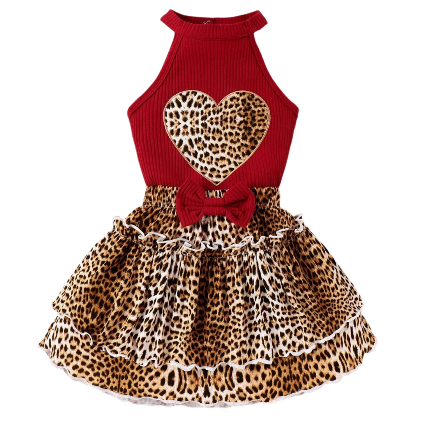 2pcs Set -Heart Graphic Kids Halter Top and Leopard Skirt