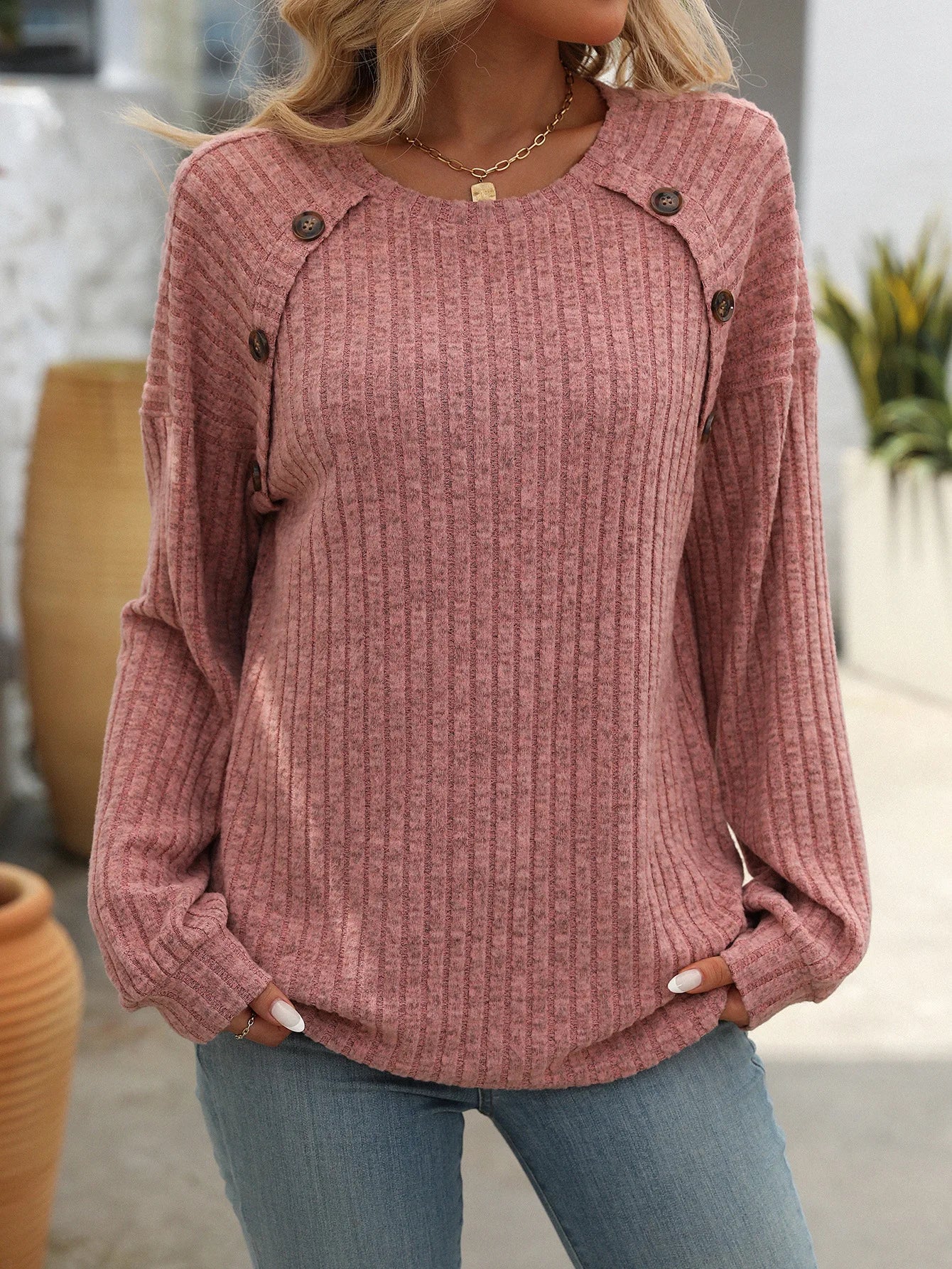 Long Sleeve V-neck Button Knitted Twist T-shirt