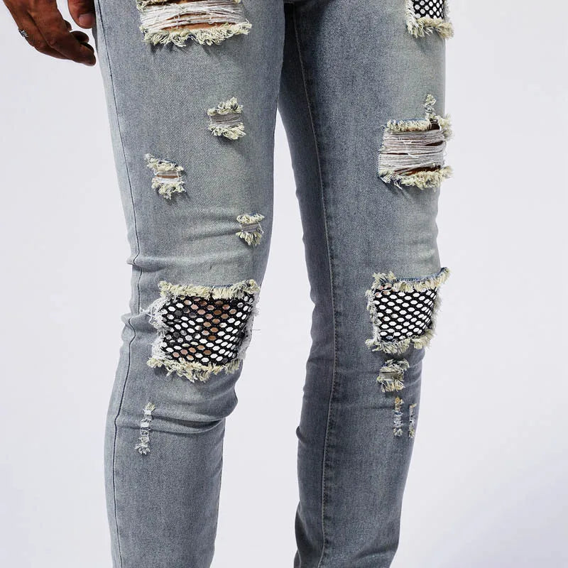 Men's Stretchy Distressed Denim Patchwork  Jeans