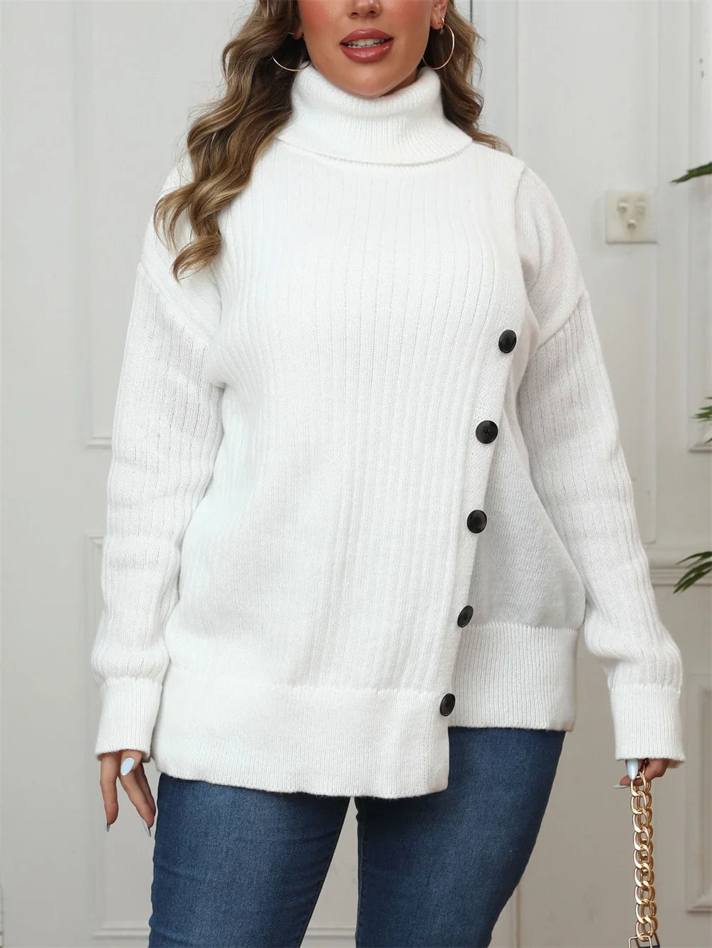 Plus Size Women's Knitted Turtleneck Sweater with Drop Shoulder Button - Casual Pullover