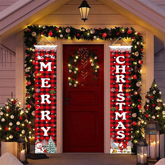 Merry Christmas Happy New Year Plaid Signs Digital Printing Porch Banner