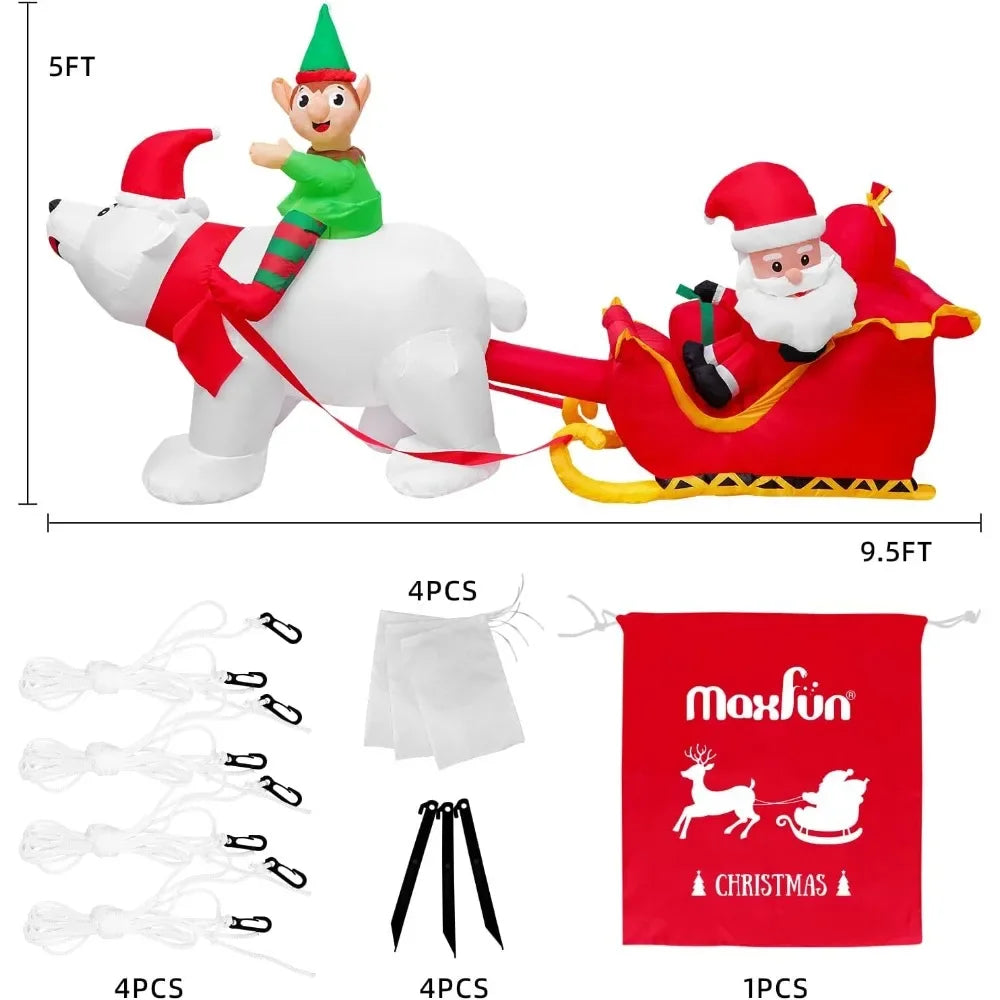 9.5Ft Outdoor Christmas Inflatables - Elf on polar bear pulling Santa Claus on Sleigh