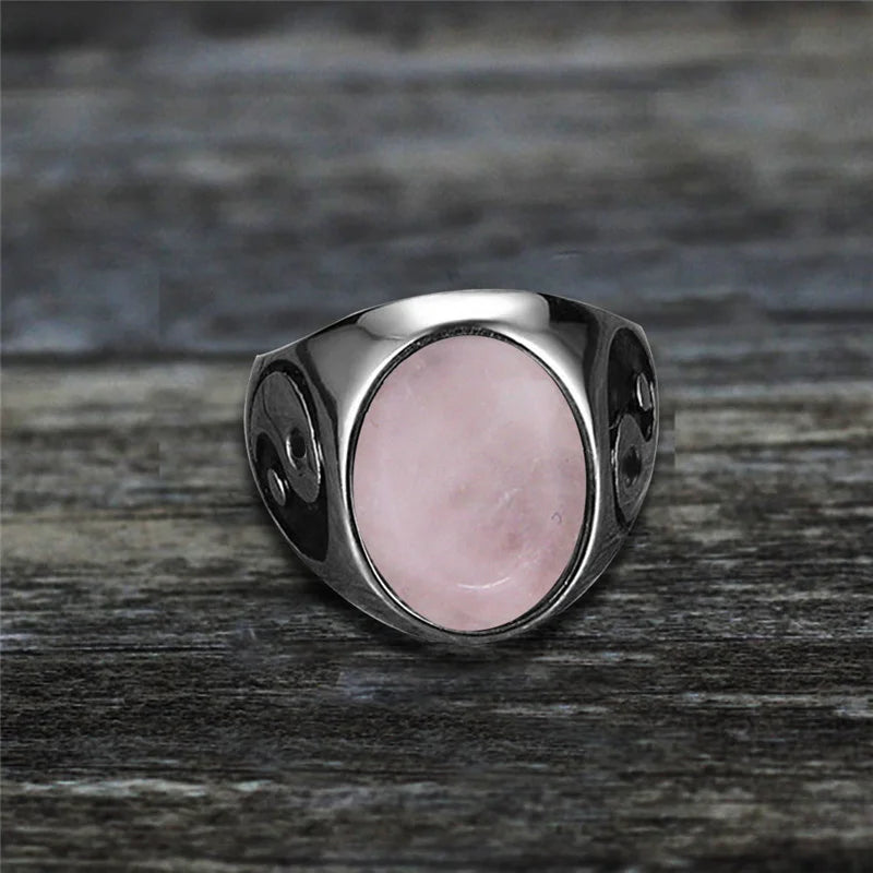 Oval Stainless Steel Yin And Yang Ring with Natural Stone