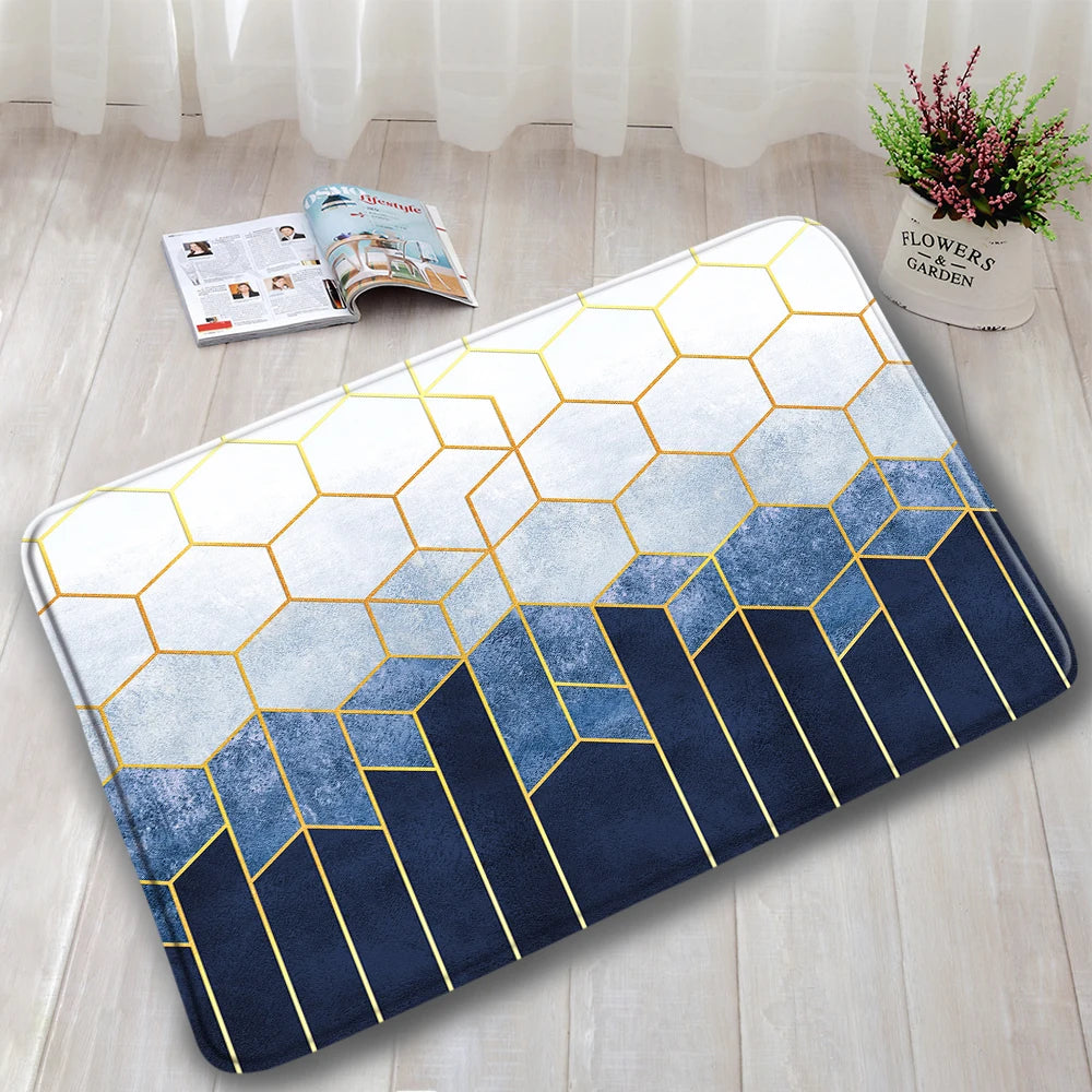 1-3pc Sets- Non-Slip Rugs + Toilet Lid Cover- Gold Line Cube Abstract Blue Marble design