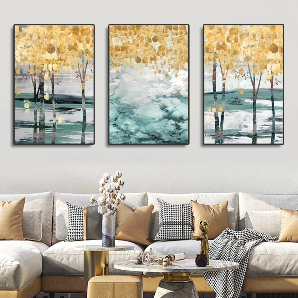 3pcs Abstract Golden Tree Canvas Painting- NO FRAME