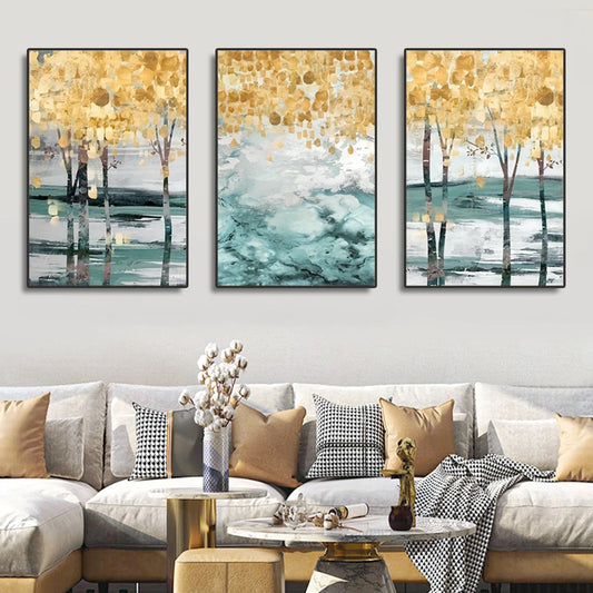 3pcs Abstract Golden Tree Canvas Painting- NO FRAME