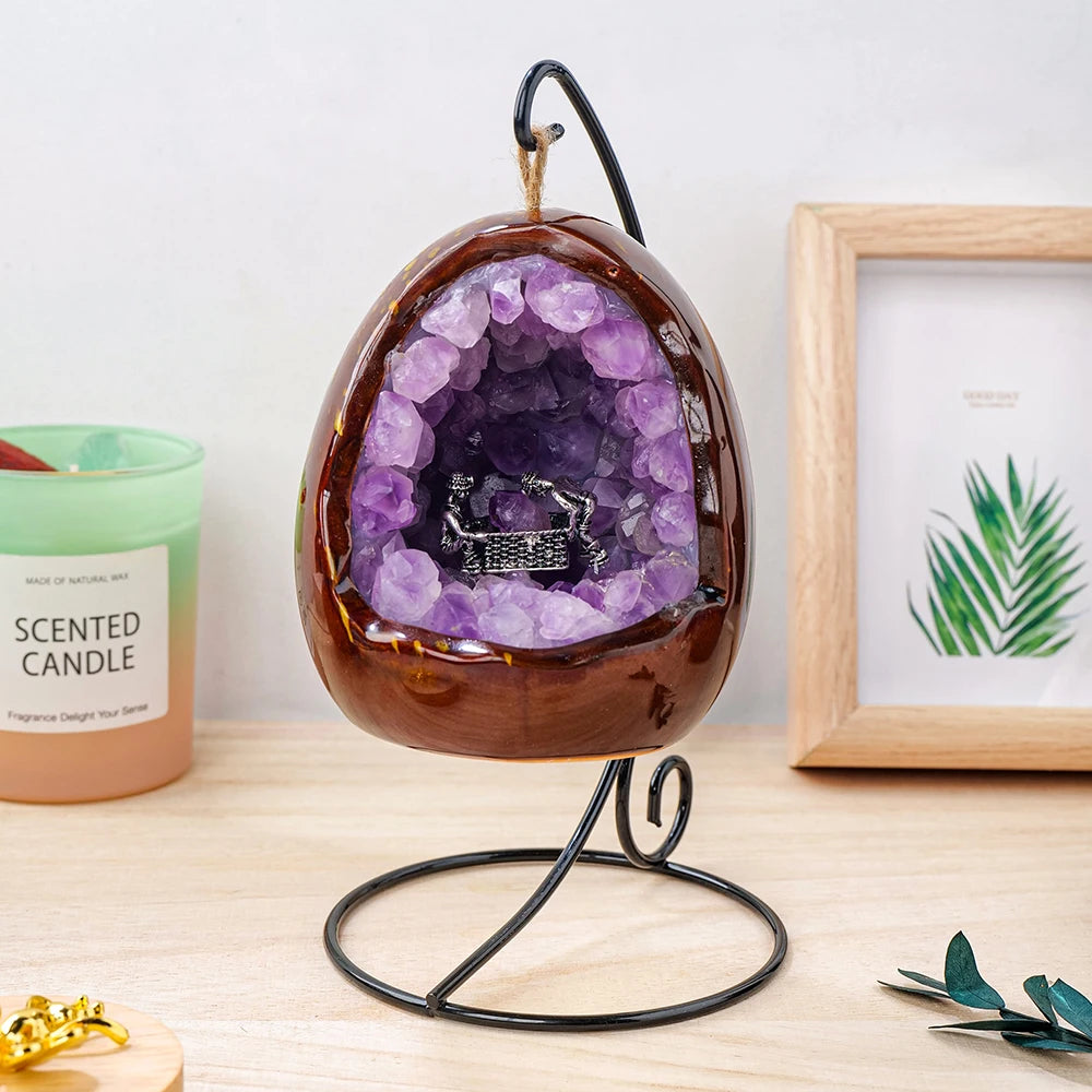 1PC Natural Crystal Amethyst Dinosaur Egg Shaped Geode Lamp