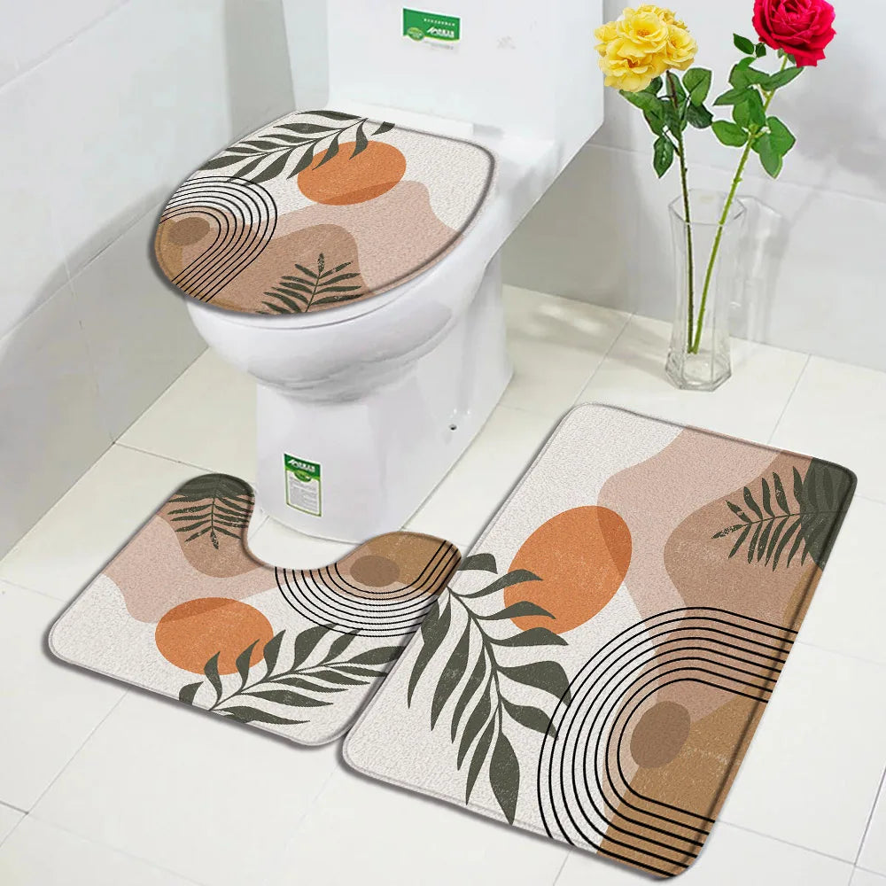 1-3pc sets-Non slip Bath Mat Set -Abstract Mid Century Boho Aesthetic Art Pattern-Floor Rugs + Toilet Lid Cover