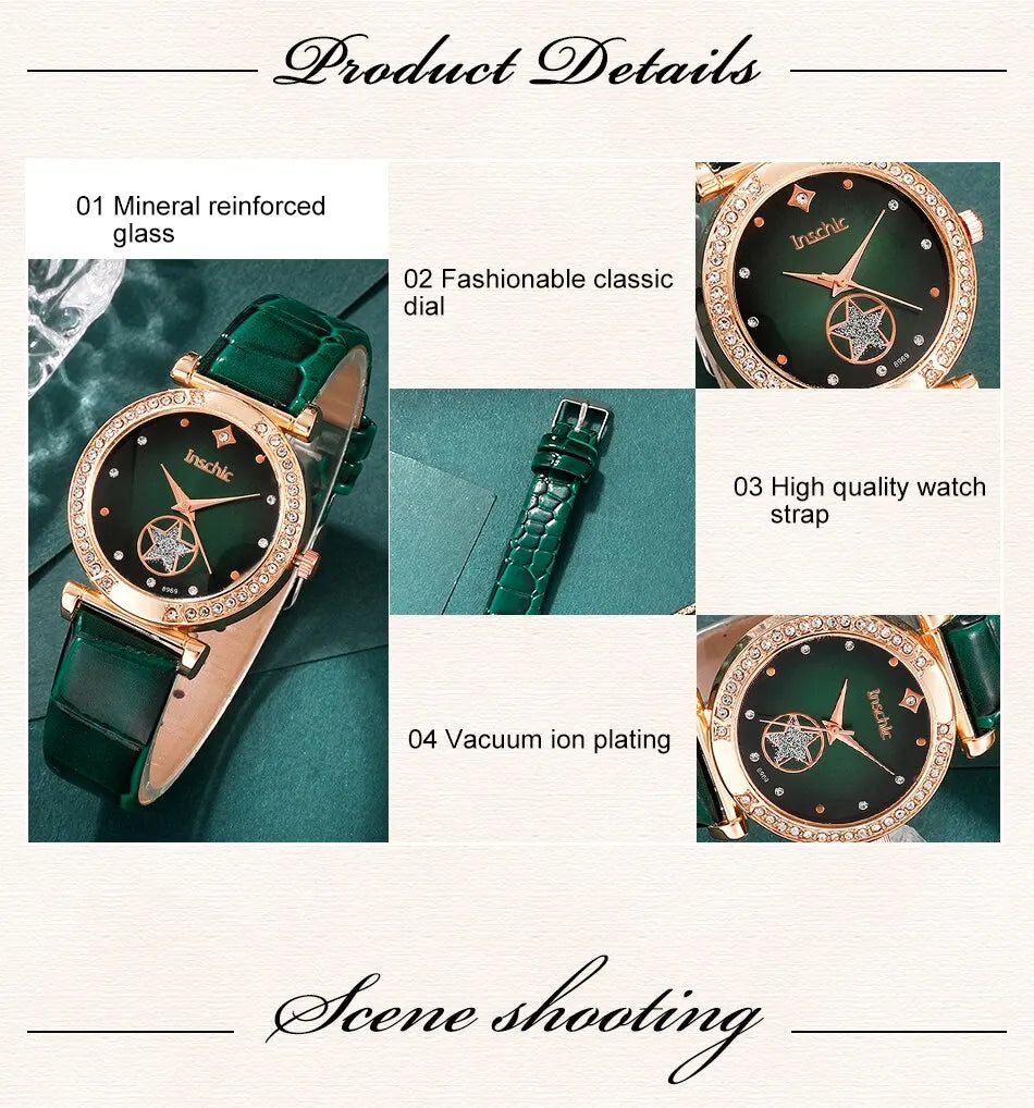 6PCS Set- Green Luxury Quartz Watch, Ring, Necklace & Earrings