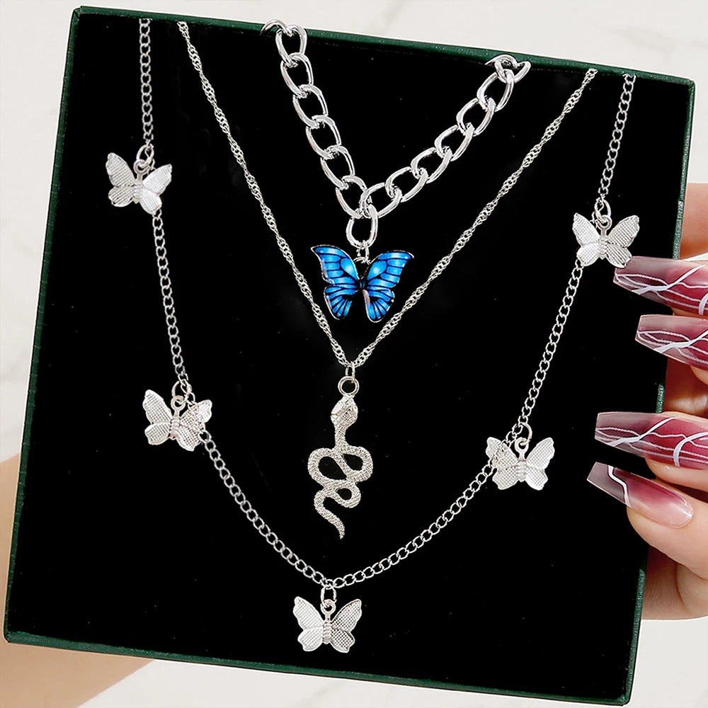 3 Layers Chain Necklace with butterfly Pendant