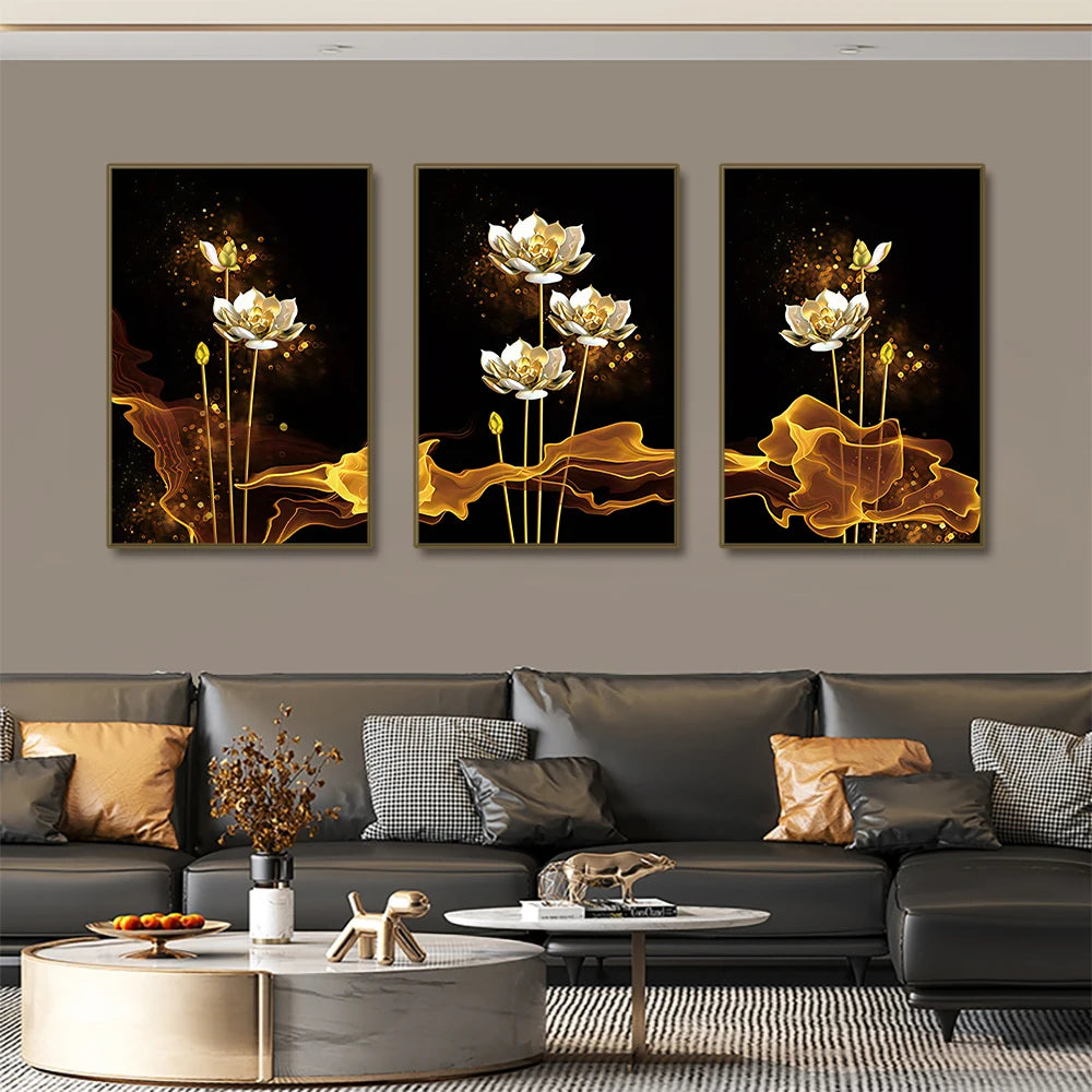 3pcs Black Gold Lotus Flower Canvas Prints-NO FRAME