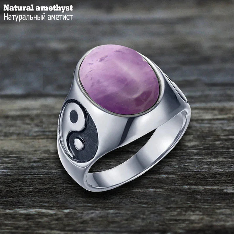 Oval Stainless Steel Yin And Yang Ring with Natural Stone