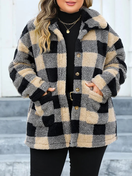 Plus Size Plaid Single Breasted Long Sleeve Plush Lapel Jacket with Pockets