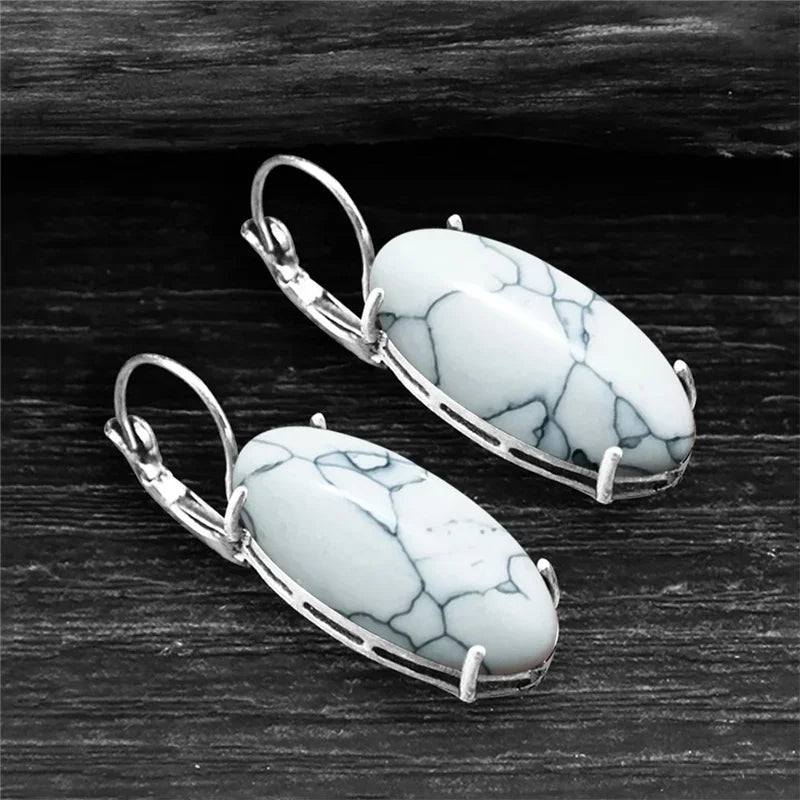 Big Vintage Silver Plated Eye Shape Synthetic Turquoises Earrings