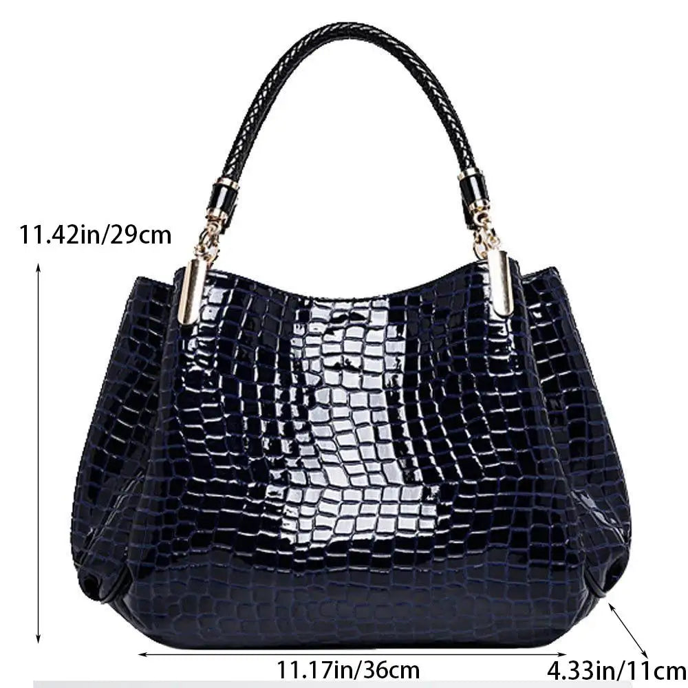 Women's Large Capacity Black Shoulder Bag with Crocodile Print