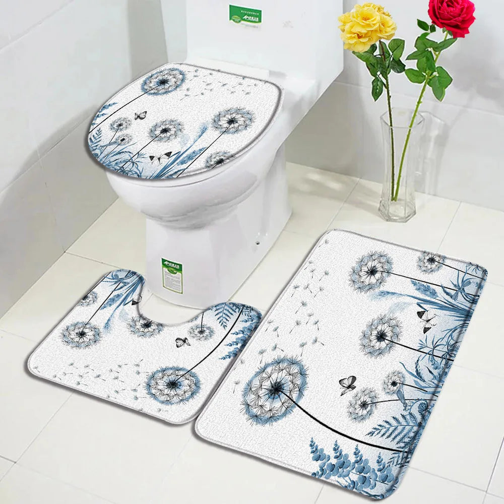 1-3pc set- Blue Floral Dandelion Flowers -Floor Rugs + Toilet Lid Cover