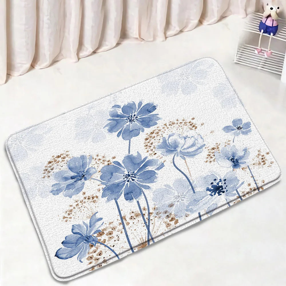 1-3pc set- Blue Floral Dandelion Flowers -Floor Rugs + Toilet Lid Cover