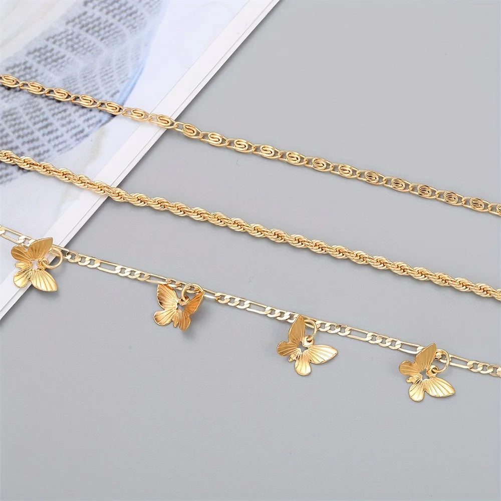 1-3pc set- Simple Metal Chain Anklet  with Butterfly Pendant