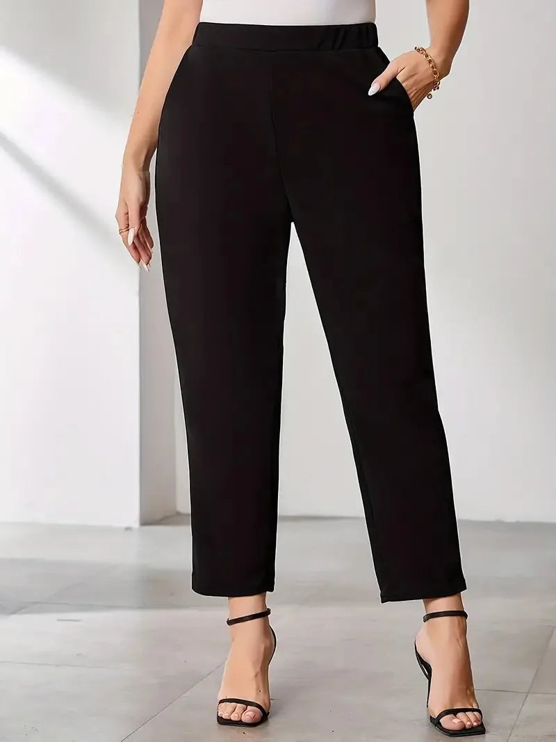 Plus Size Black Elastic Waist Office Trousers with Pockets