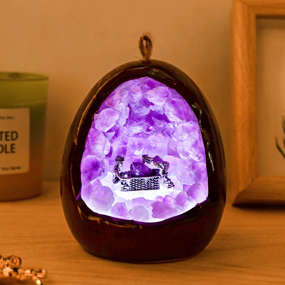 1PC Natural Crystal Amethyst Dinosaur Egg Shaped Geode Lamp