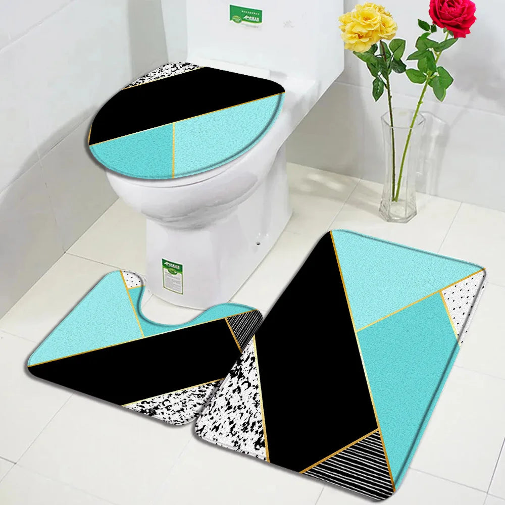 3Pcs non slip Bath Mats Set -Geometric Black Pink Marble Design Floor mats + Toilet Cover Mat