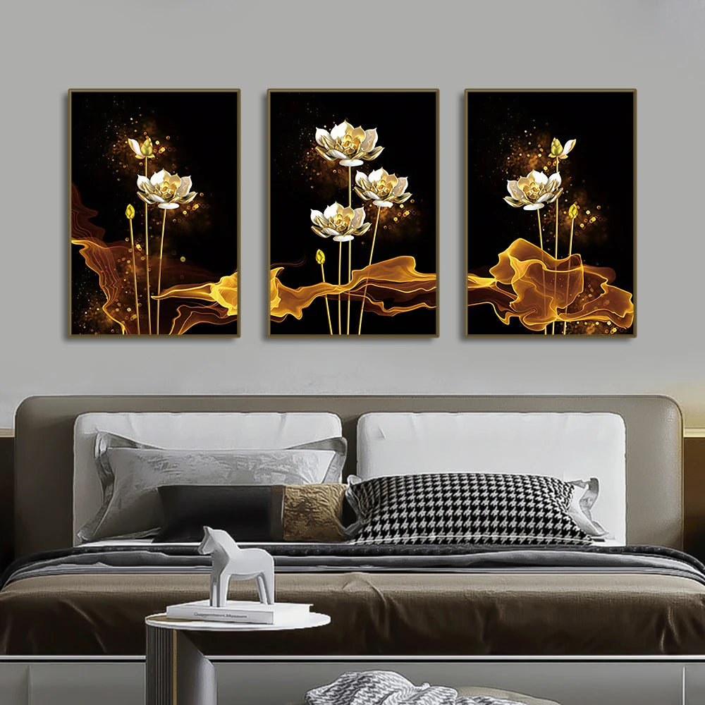 3pcs Black Gold Lotus Flower Canvas Prints-NO FRAME