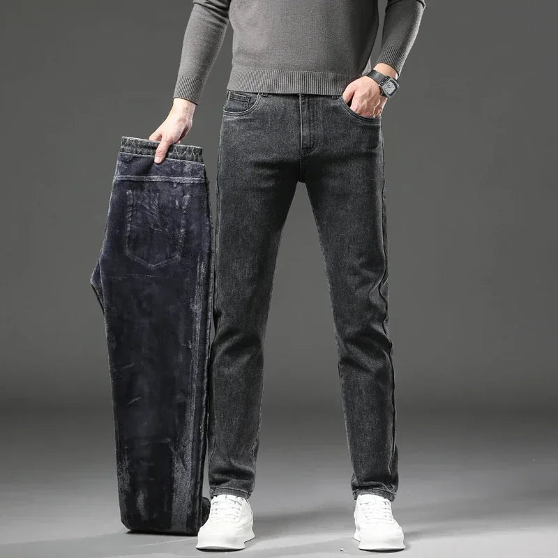 Men's Plush Trousers Winter Fleece Jeans - Slim Straight Leg- Elastic Denim