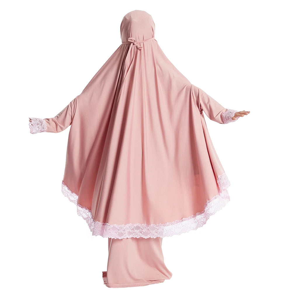 2Pcs Traditional Muslim Kids Girls Hooded Overhead Hijab Burqa Gown