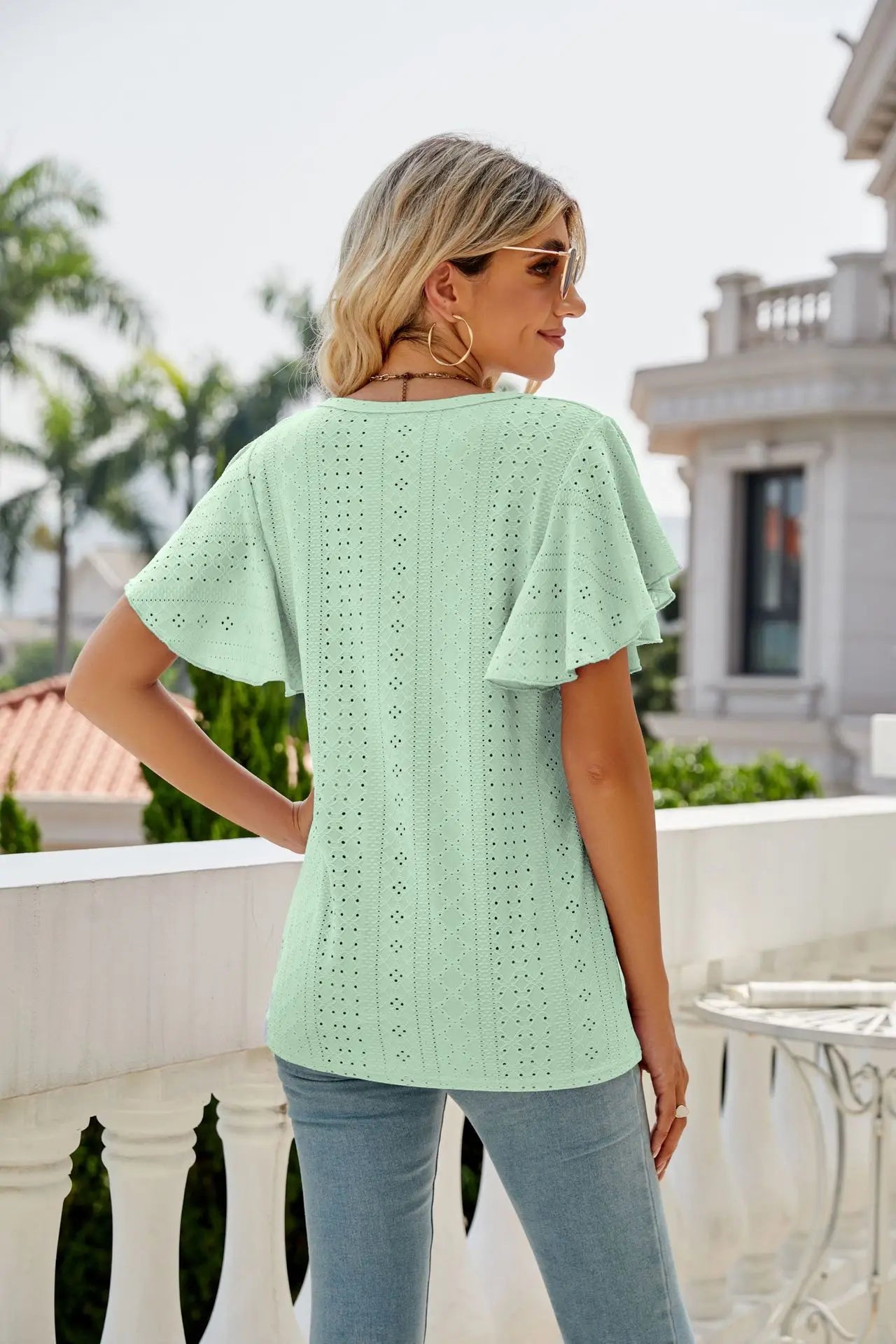 Hollow Round Neck T-Shirt with Ruffle Edge