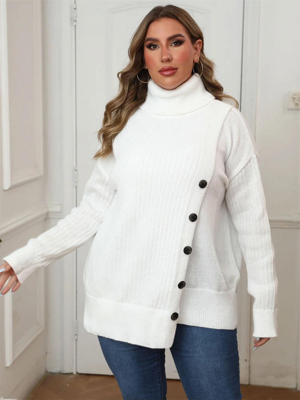 Plus Size Women's Knitted Turtleneck Sweater with Drop Shoulder Button - Casual Pullover