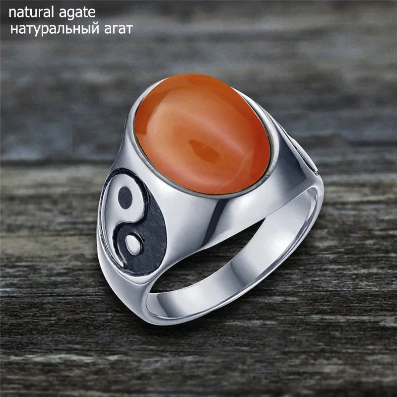 Oval Stainless Steel Yin And Yang Ring with Natural Stone